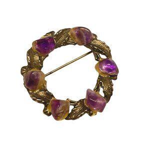 Vintage Gold-Tone Brooch With Purple Stones & Leaf Design